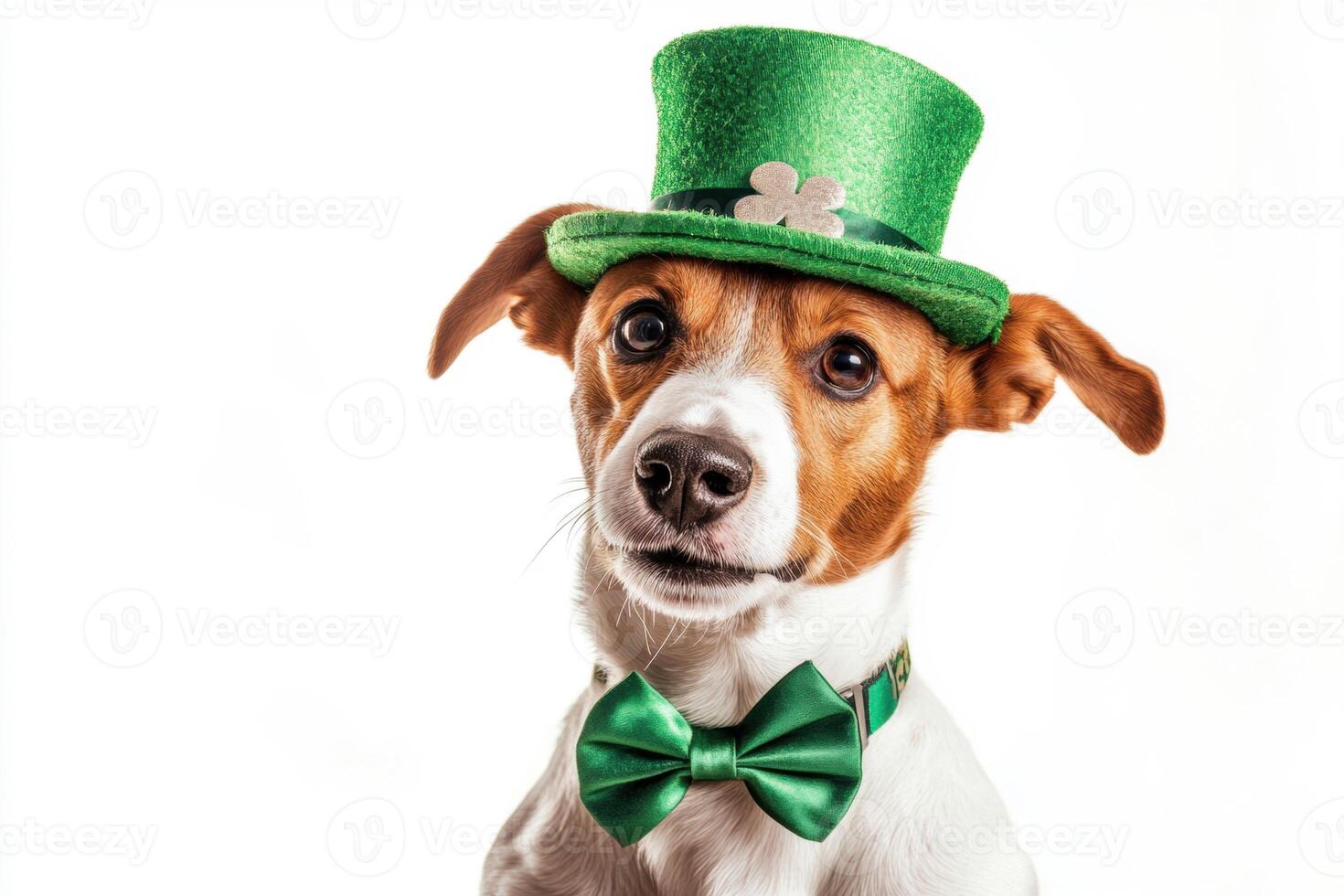 Jack russell terrier wearing green top hat, bow tie, posing playfully during festive st. Patrick's day celebration photo