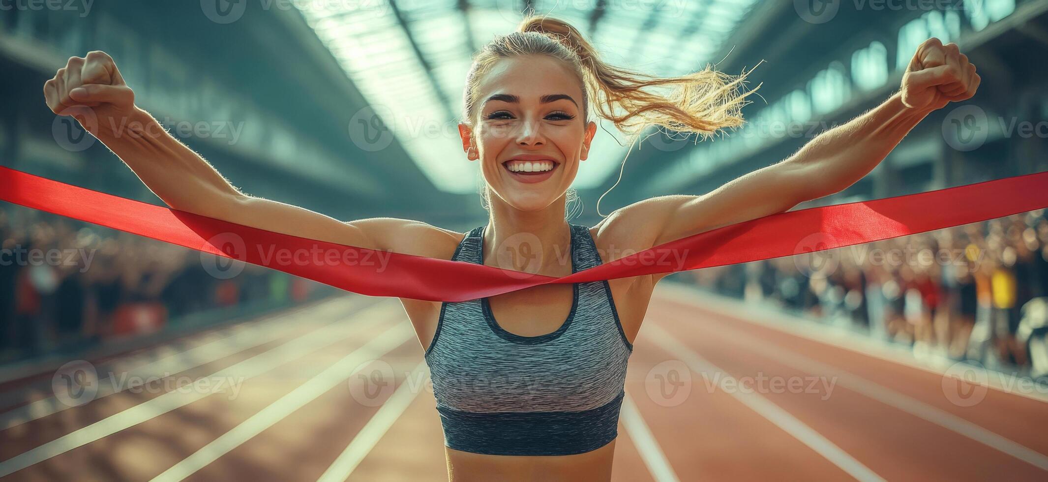Portrait of a happy athlete who wins a race and overcomes the finish line, celebrating her photo