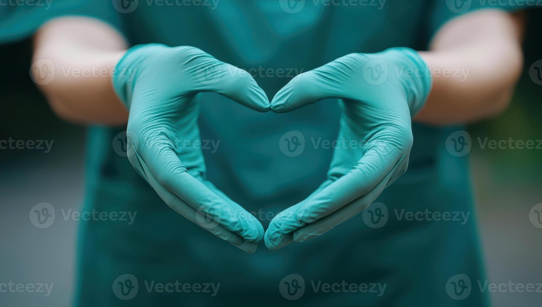 Doctor making heart shape with hands wearing surgical gloves showing love and care photo