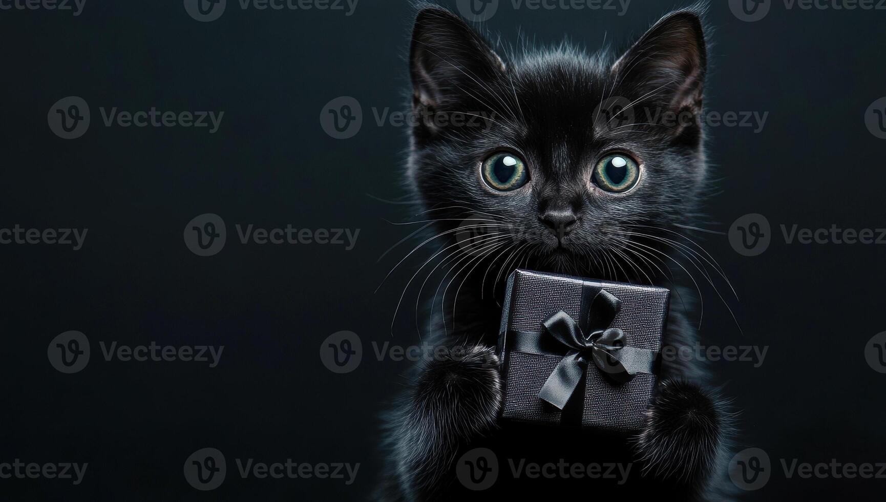 Playful black kitten gripping small gift box with dark ribbon, nestled against shadowy backdrop, conveying enigmatic charm photo