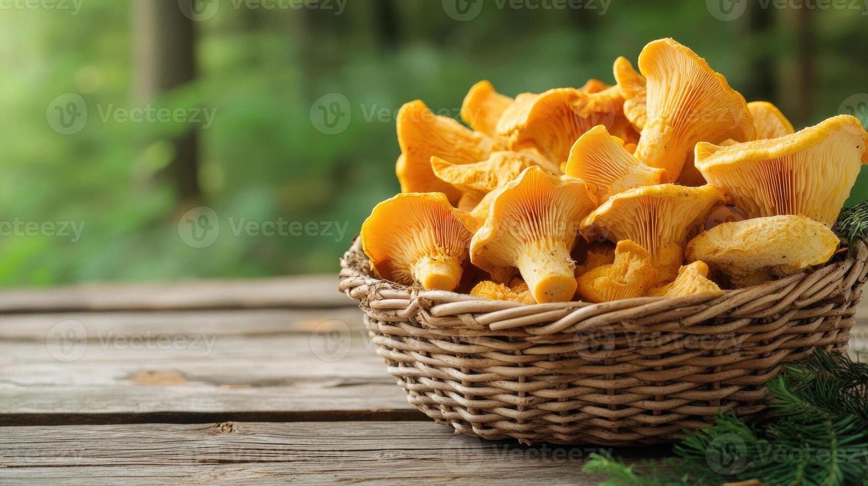 Basket overflowing with freshly picked chanterelle mushrooms, sitting on a rustic wooden table with a forest backdrop photo