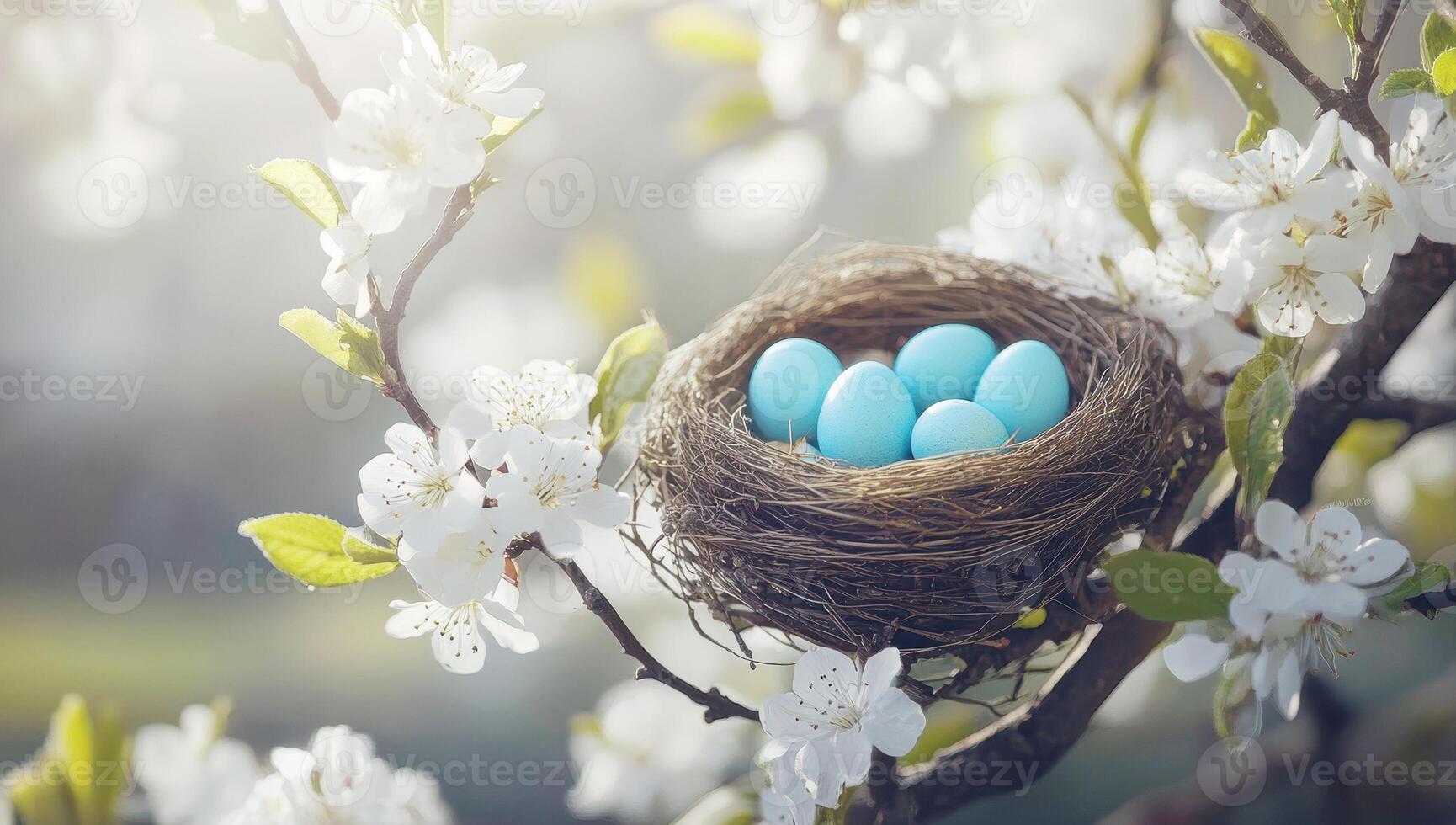 Five blue Easter eggs are lying in a bird's nest on a flowering branch of an apple tree, symbolizing new life and spring. photo