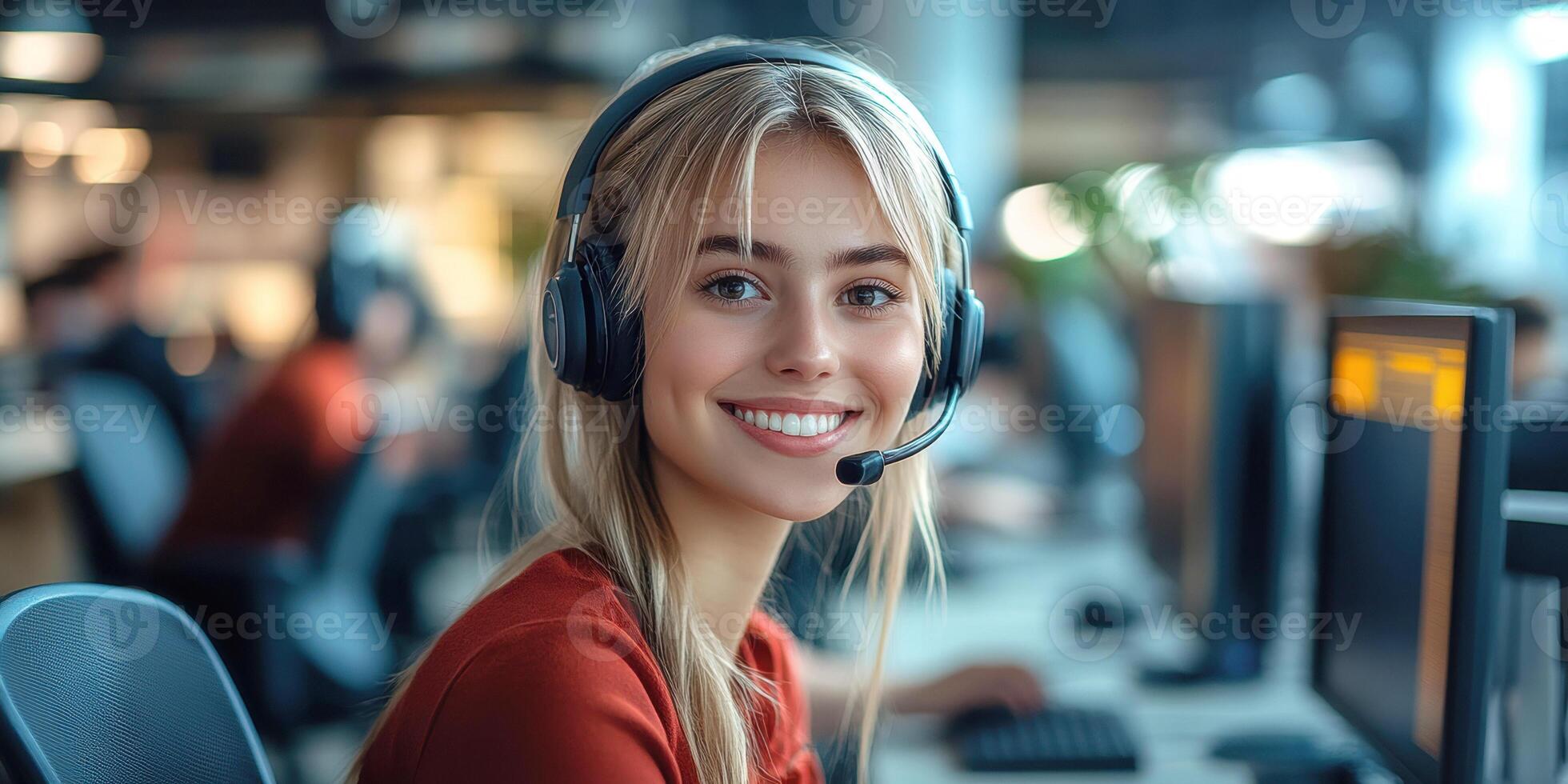 Cheerful female support phone operator wearing a headset working on a laptop in a modern office photo