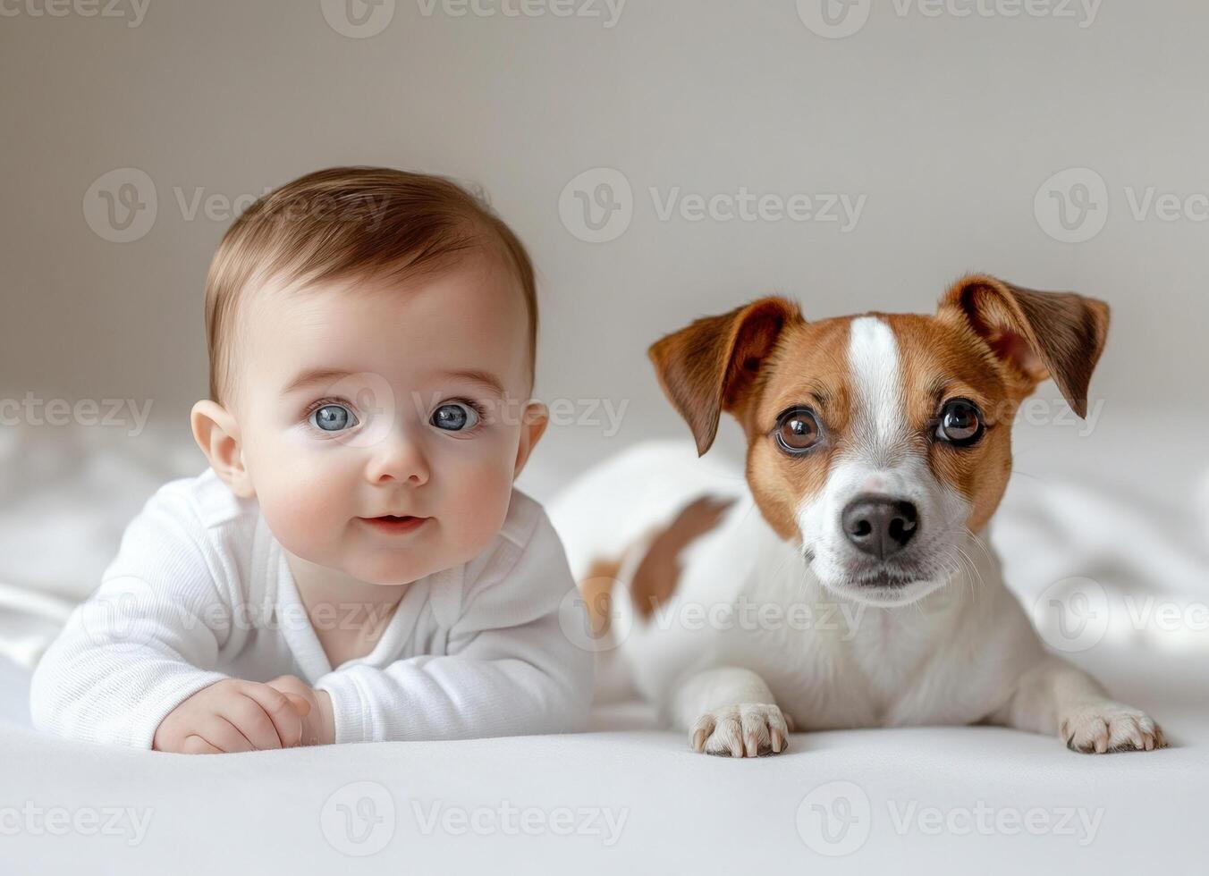 Newborn infant snuggling peacefully with playful jack russell terrier on soft white bedspread, bonding in serene companionship photo