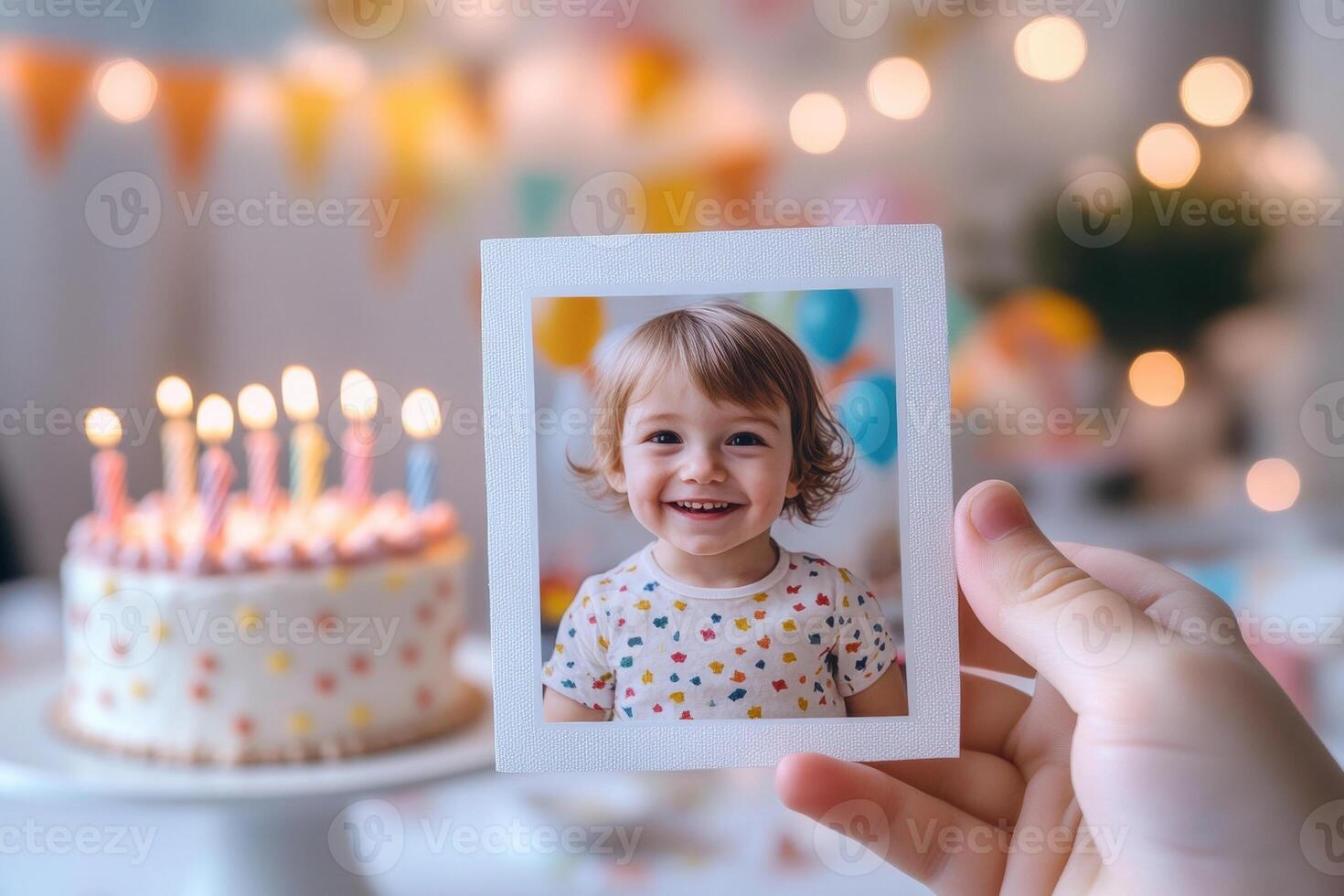 Hand holding a photo of smiling baby in front of birthday cake with lit candles, celebrating their first birthday