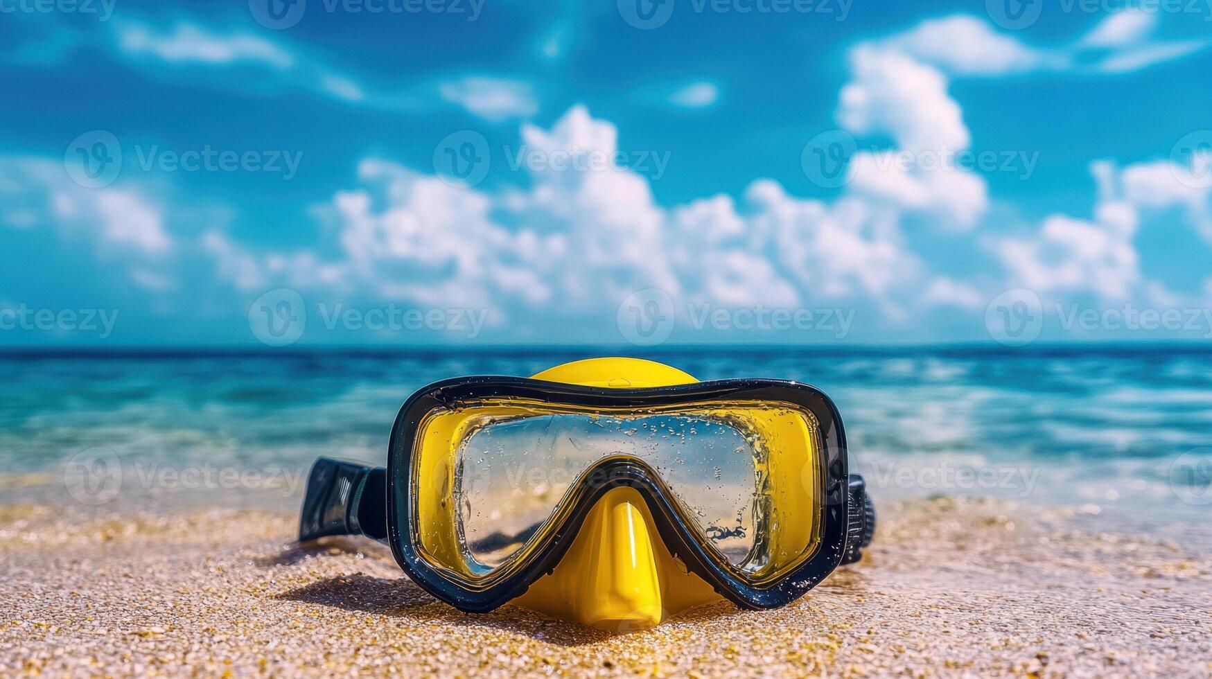 bright yellow diving mask resting on white sandy beach, signaling underwater adventure near turquoise waters and coral landscapes photo