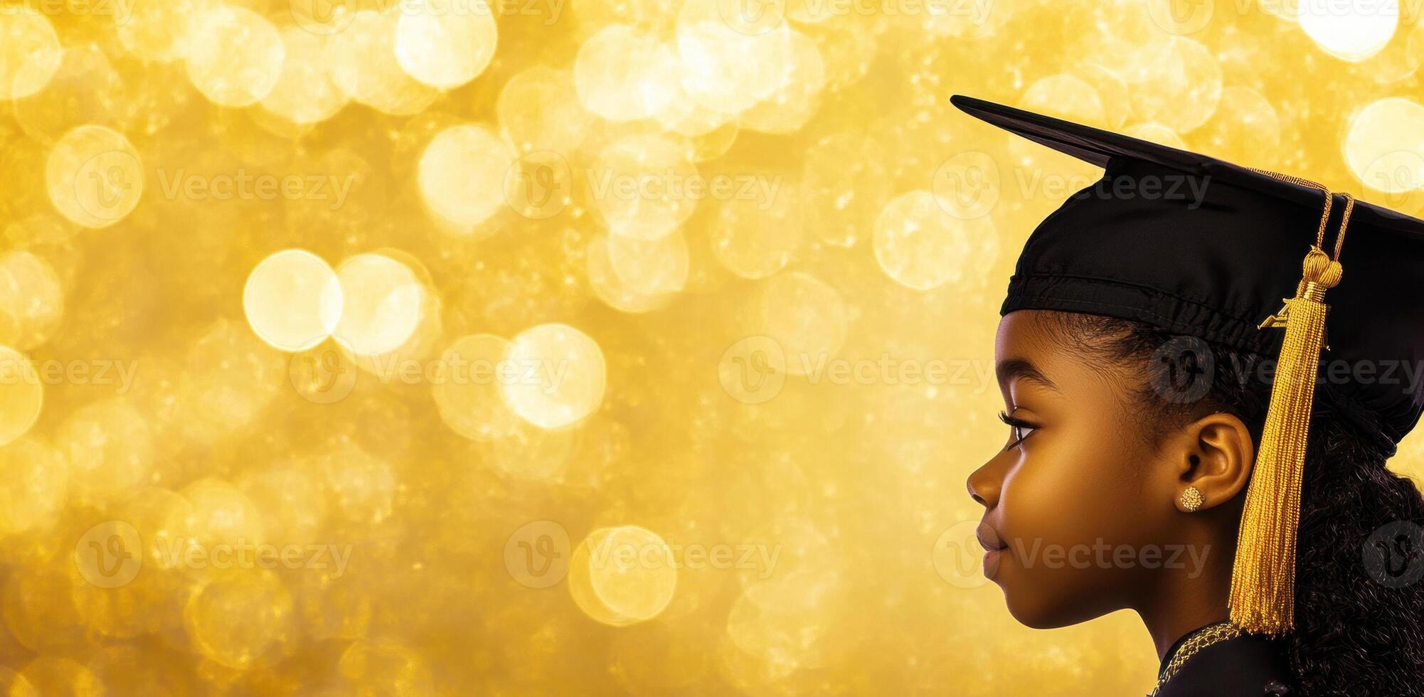 Profile of a young black graduate celebrating her academic achievement with a golden bokeh background photo