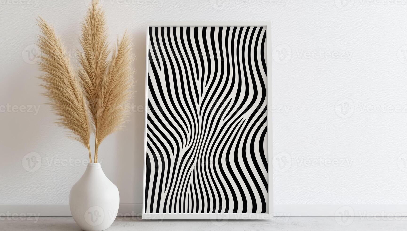 Minimalist interior design featuring abstract black and white artwork with wavy stripes, adding a touch of modern elegance to the space photo