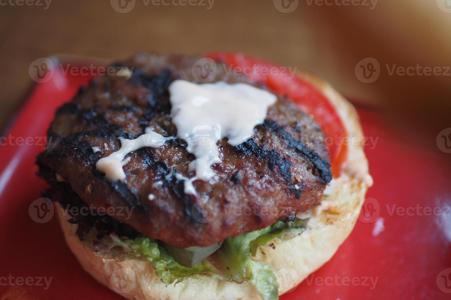 Juicy grilled hamburger with fresh vegetables on a plate photo
