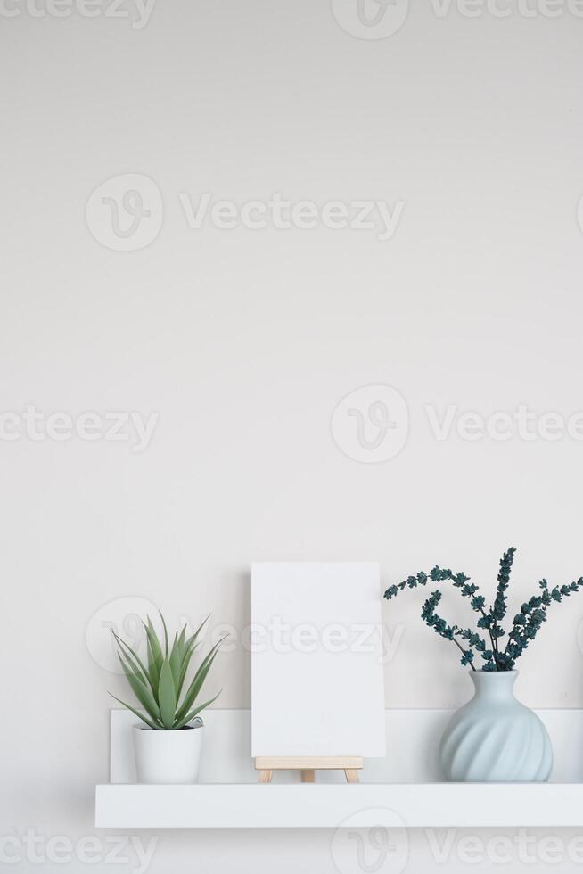Minimalist display with plants and an empty canvas on a shelf photo
