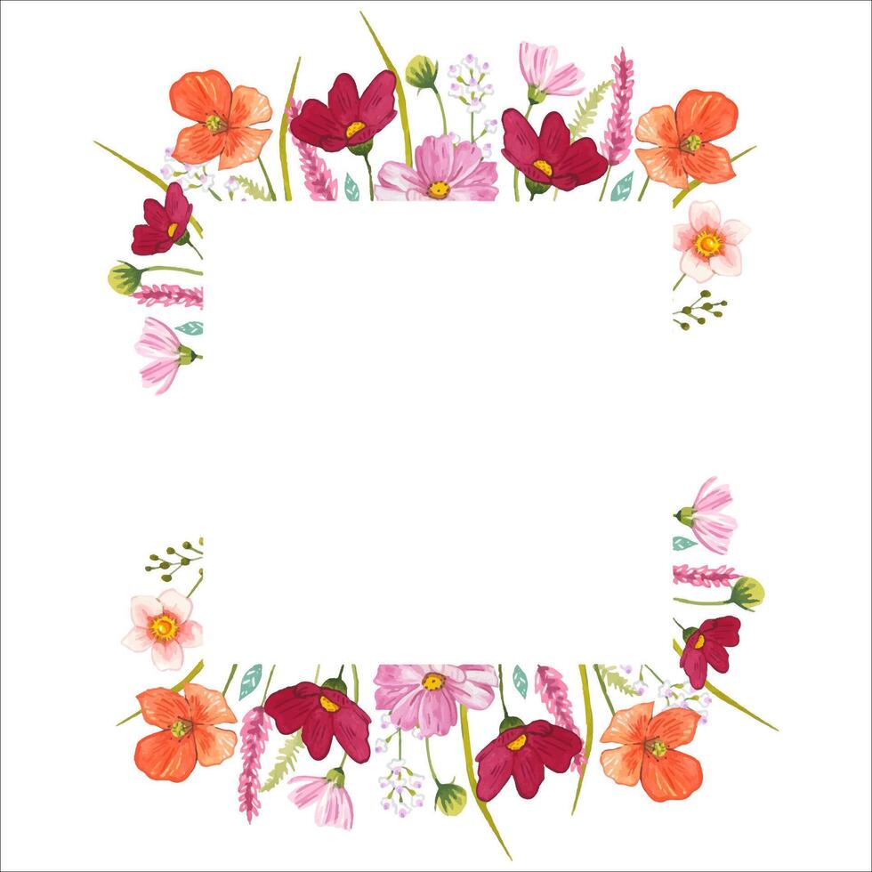 Frame with red meadow flowers. Watercolor illustration vector