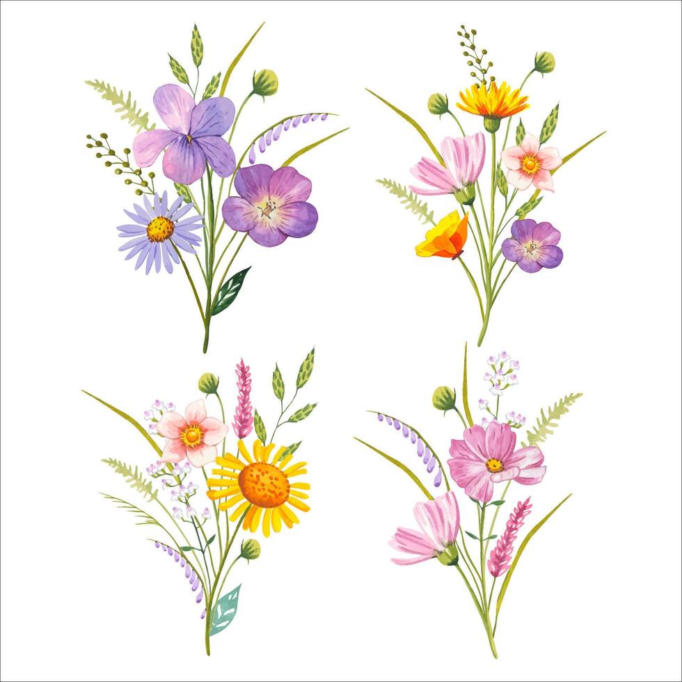 Bouquets with meadow flowers. Watercolor illustration vector