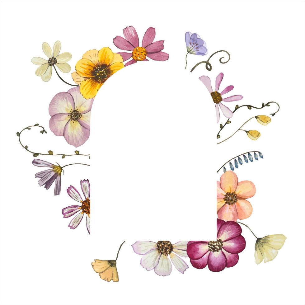 Frame with watercolor pressed dried flowers. vector