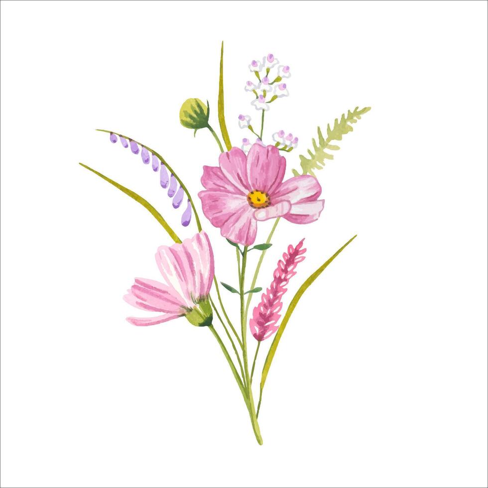 Bouquet with pink meadow flowers. Watercolor illustration vector