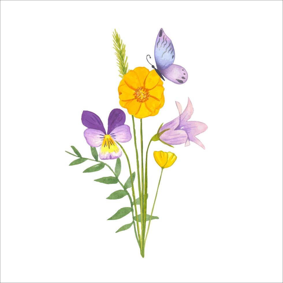 Bouquet with purple, yellow meadow flowers. Watercolor vector