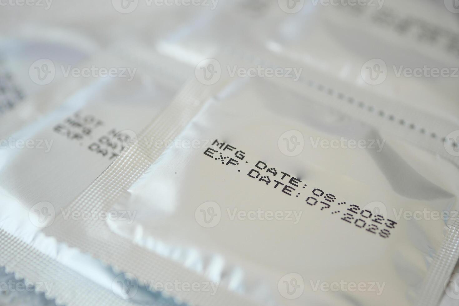 Packaged condoms with manufacturing and expiration dates shown clearly photo