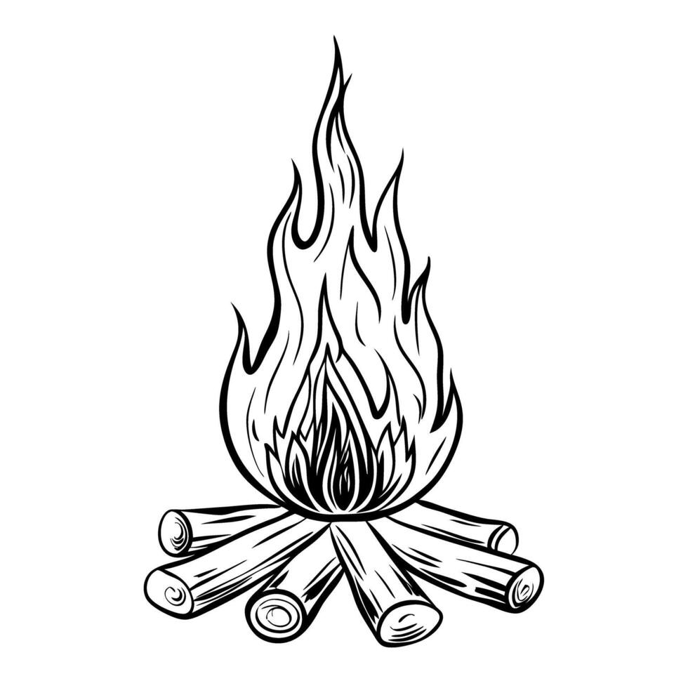 Campfire illustration burning logs creating warmth simplistic drawing, traditional bonfire sketch vector