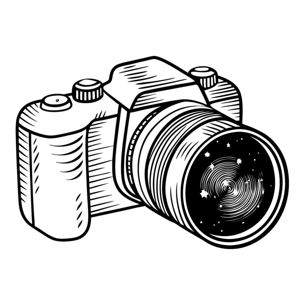 Vintage camera illustration with spiral galaxy reflection in lens, creative design vector