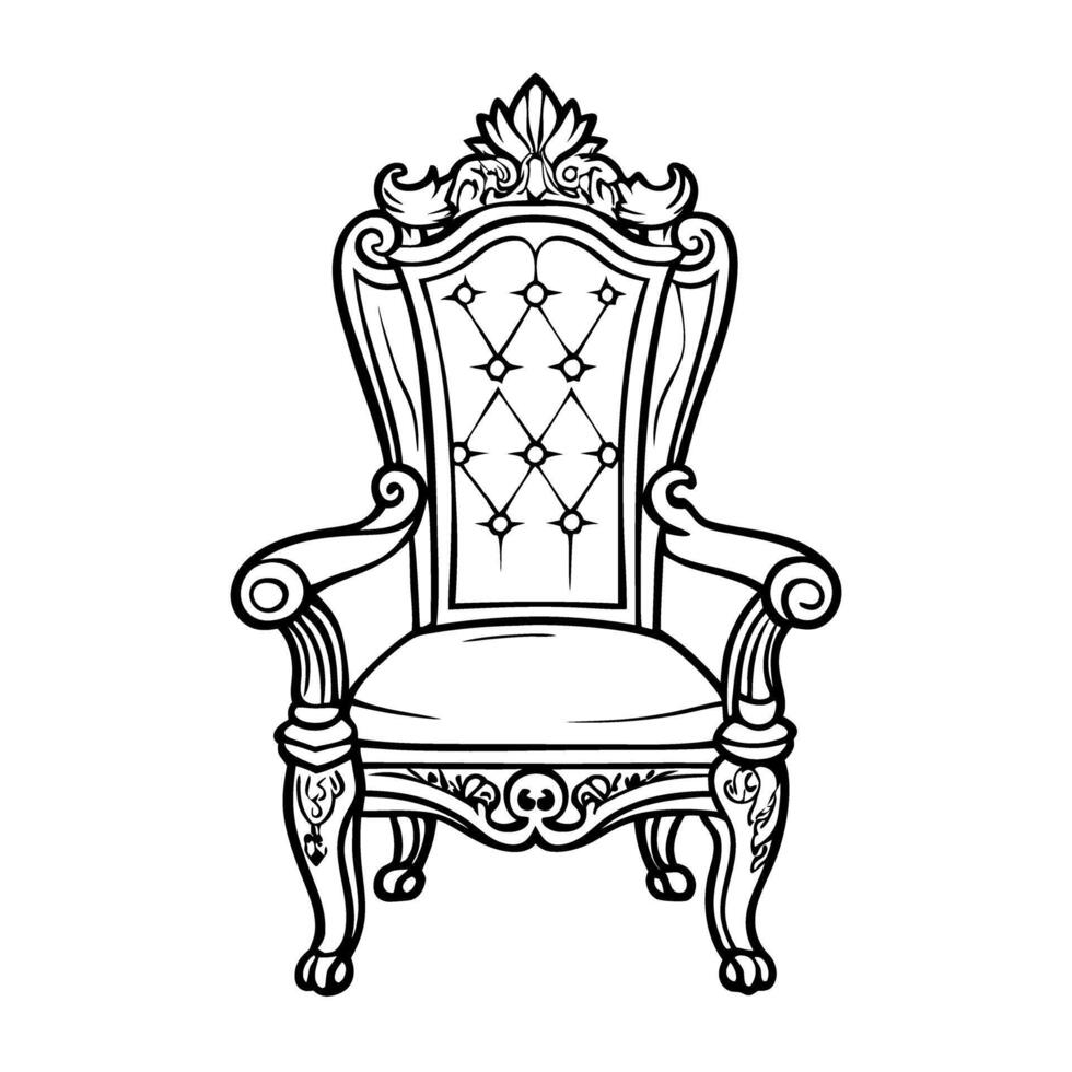 Antique ornate throne chair illustration with elegant carved details and upholstered back vector