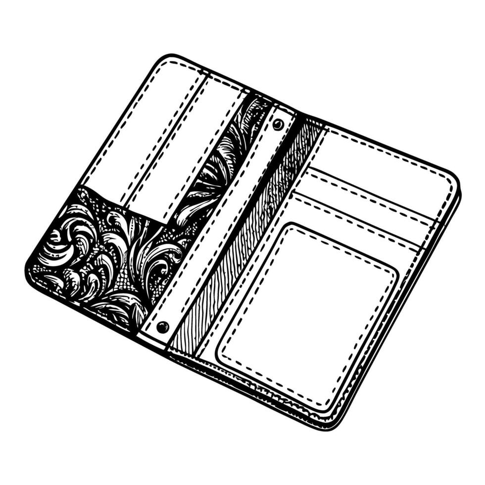 ornate open wallet illustration with intricate floral patterns and detailed stitching design vector
