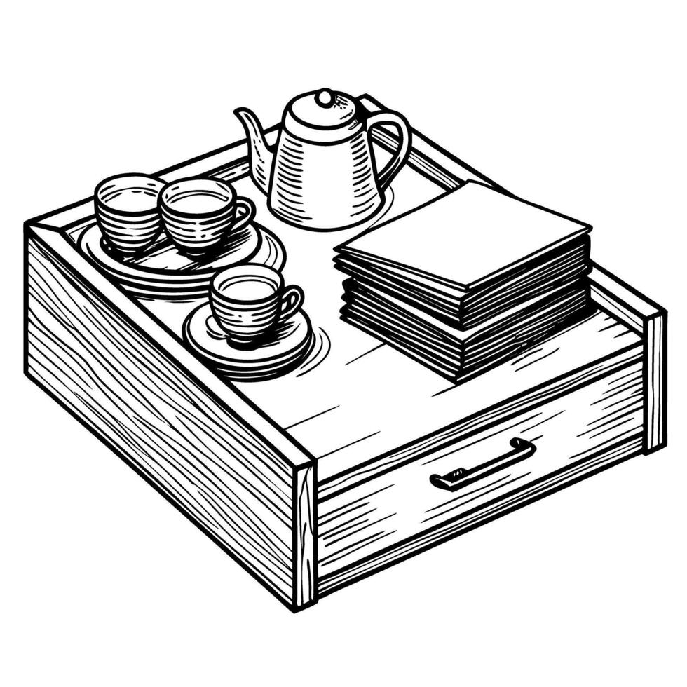 tea set with teapot, cups, and napkins on wooden tray elegant vintage perfect for afternoon tea vector