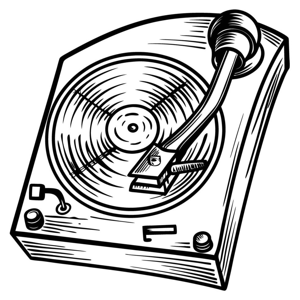 vintage turntable sketch classic record player, retro music, analog sound, wooden tonearm illustration vector