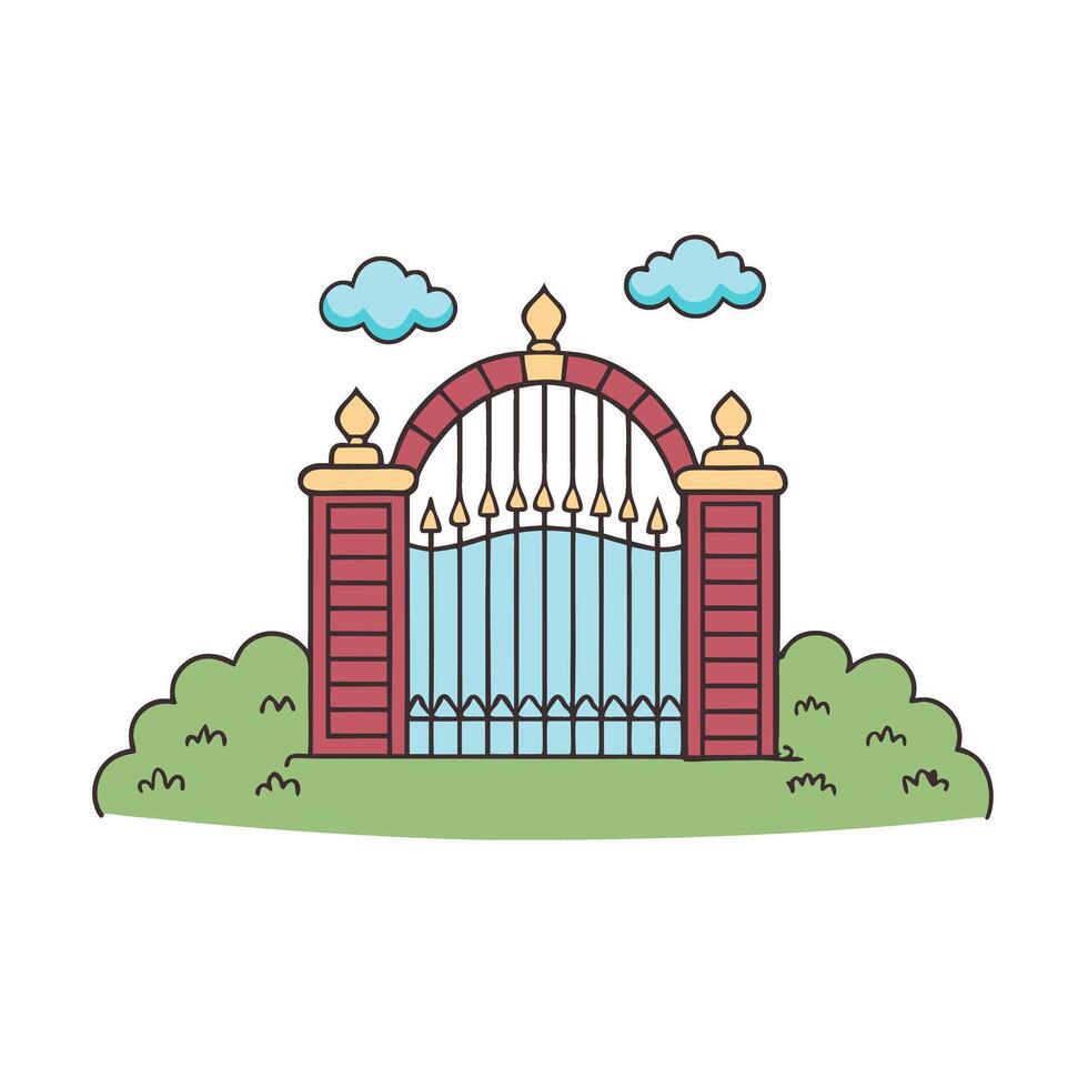 Illustrated decorative gate with red columns, clouds, and greenery in a vector