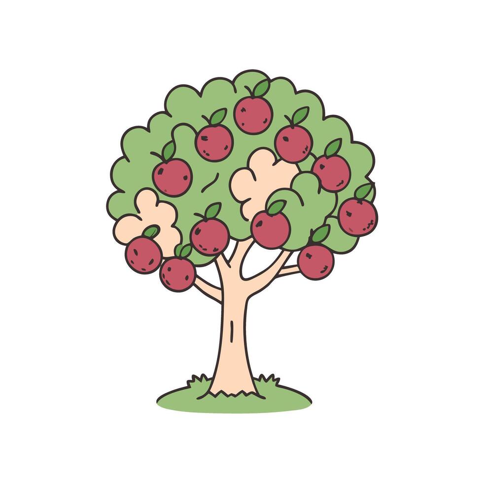 Apple tree illustration with ripe red apples on branches and leafy green canopy vector