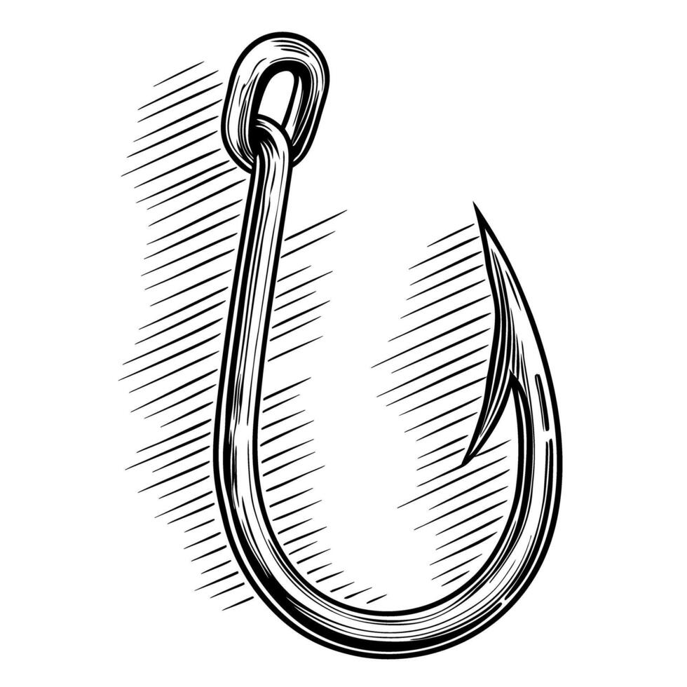 Detailed sketch of fishing hook sharp, curved metal tool for catching fish, angling concept art vector