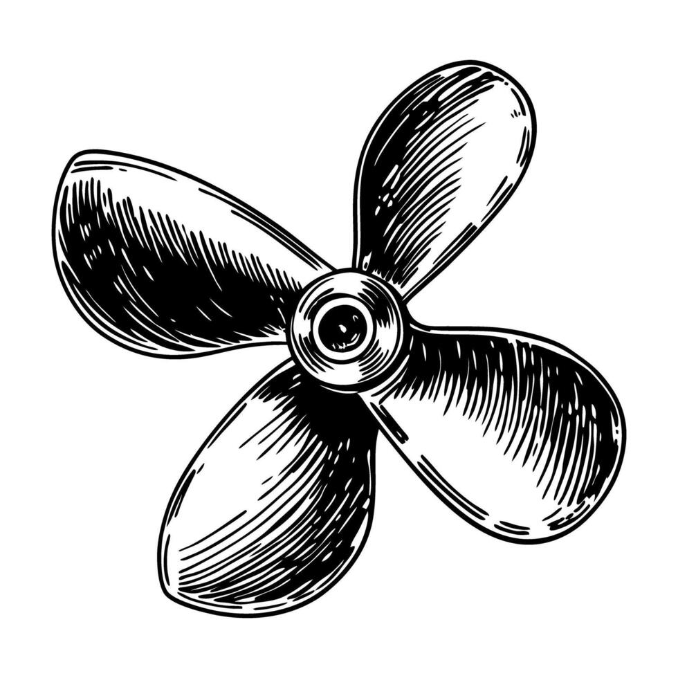 black and white illustration of a marine propeller with four blades, nautical equipment design vector