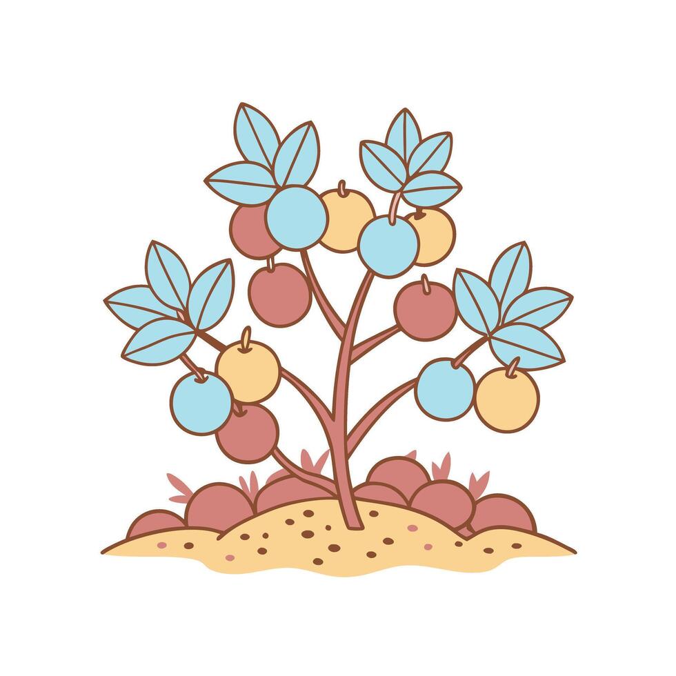 Simple illustration of a fruit bearing plant with multicolored round fruits and broad leaves vector