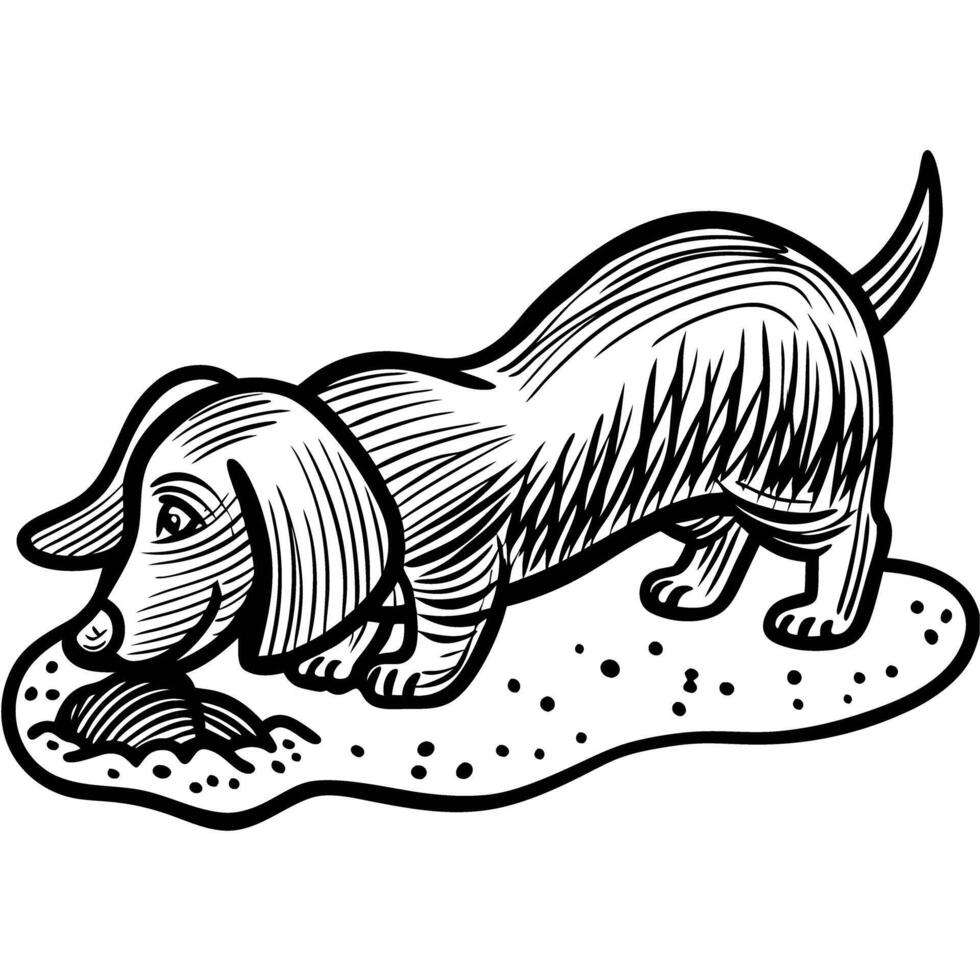 curious dachshund sniffing through soil playful dog exploring environment in black and white illustration vector