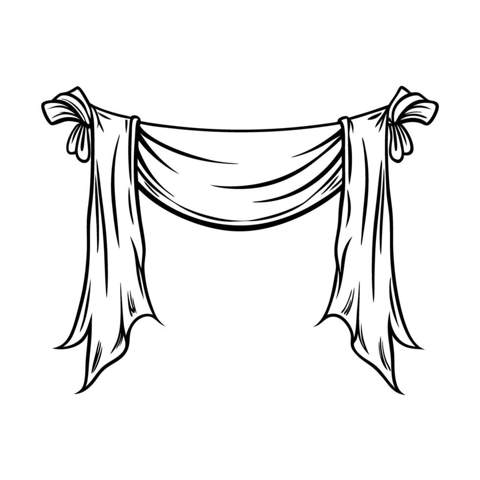 elegant curtain sketch draped fabric archway design, minimalist black and white illustration art vector