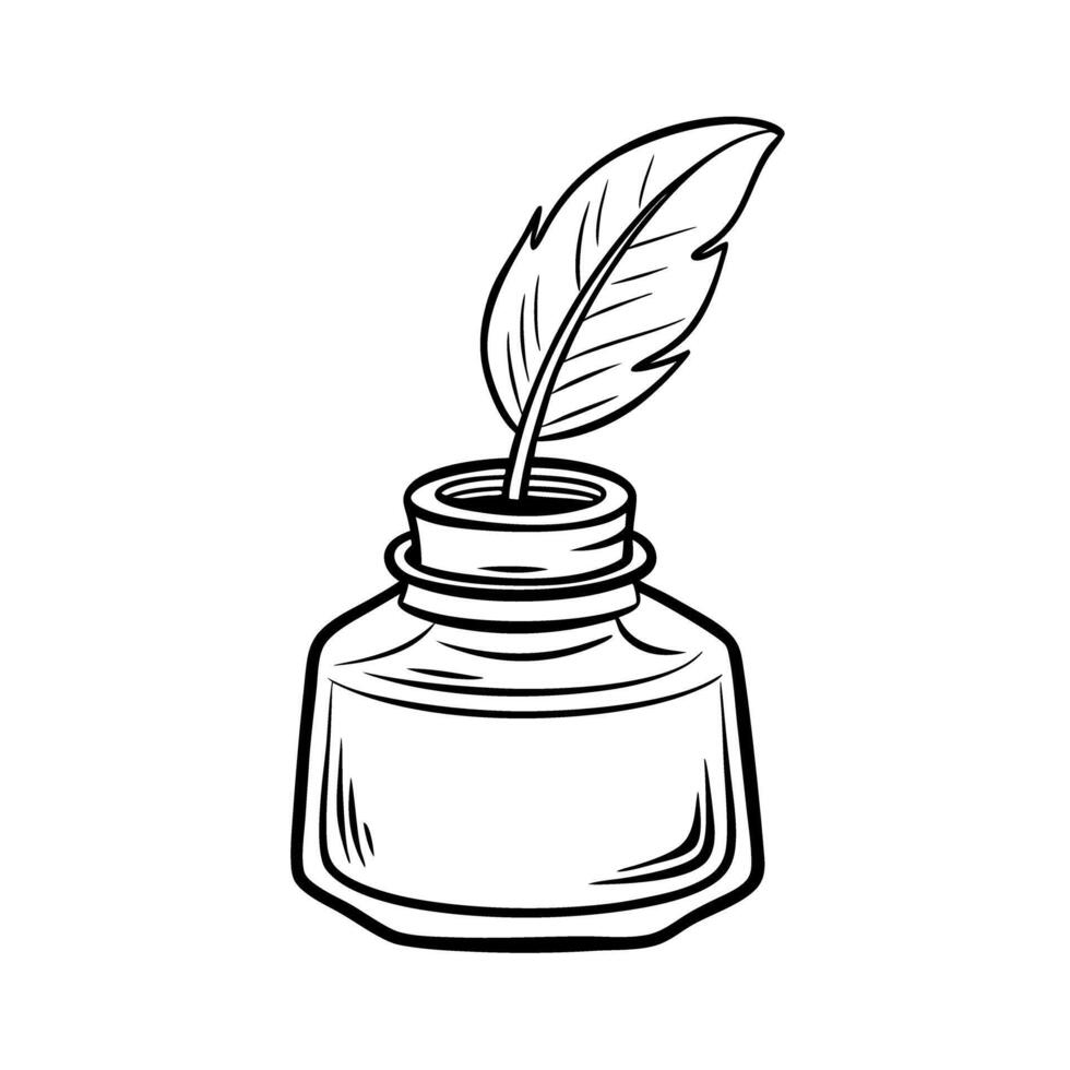vintage ink bottle with feather quill illustration classic writing tools in artistic line drawing vector