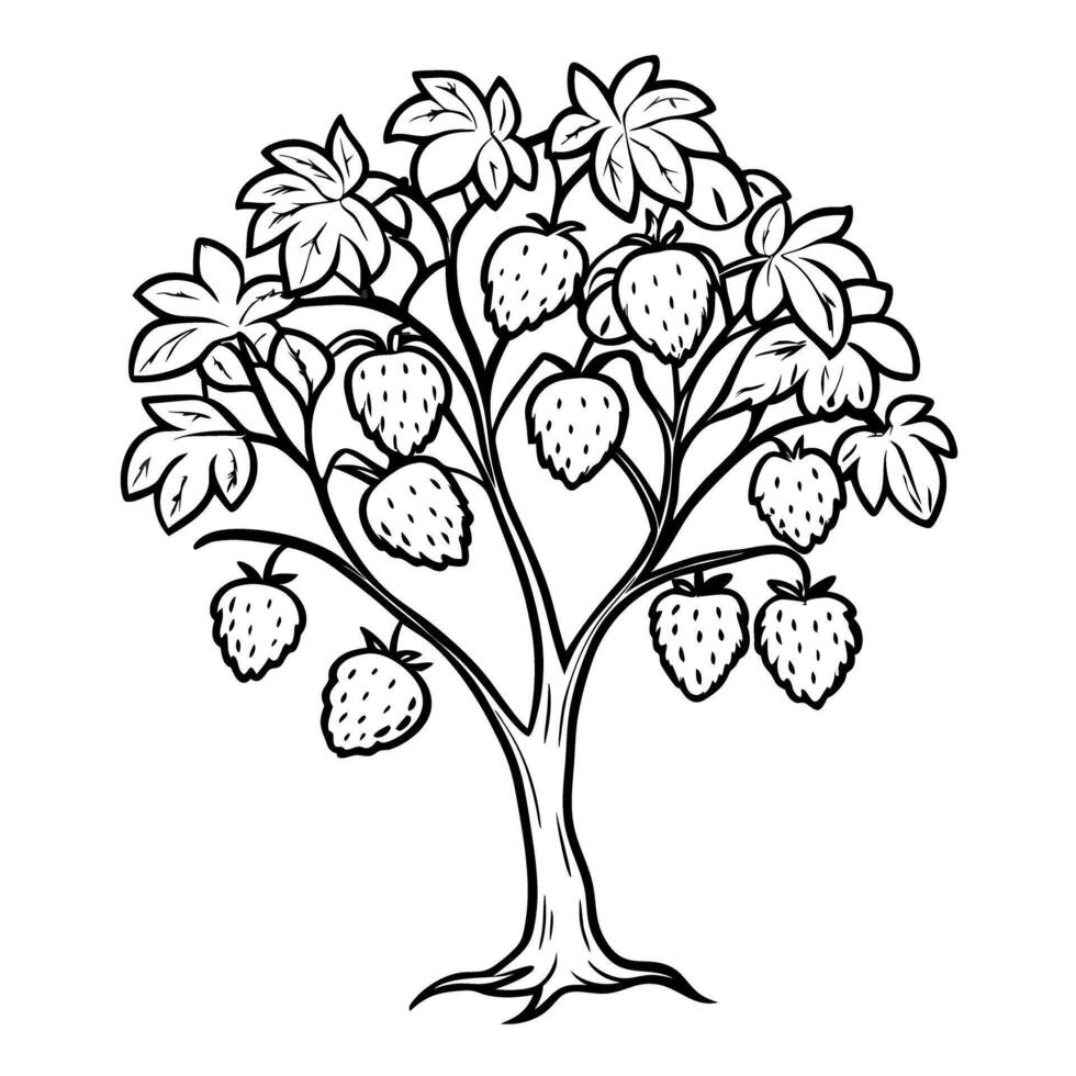 Strawberry tree illustration with leaves and fruits detailed botanical design in black and white vector