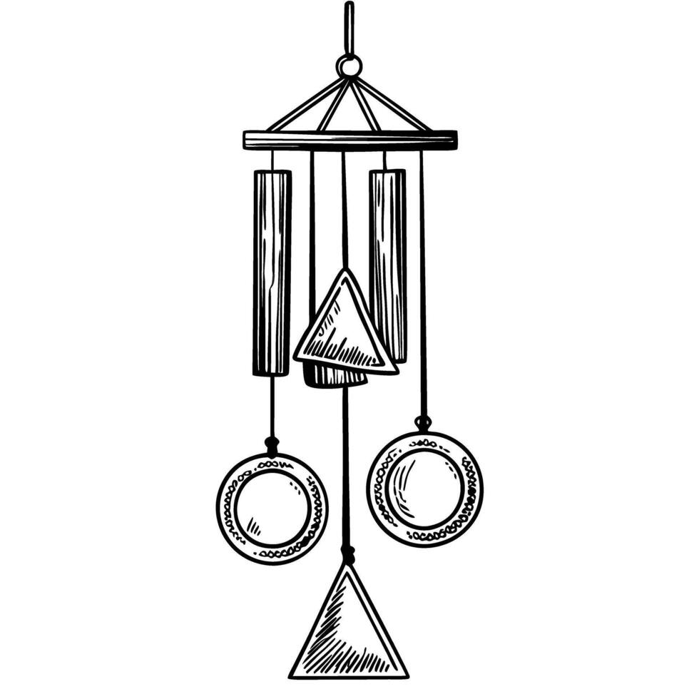 Sketch of wind chime with pendulums and geometric designs for interior decoration vector