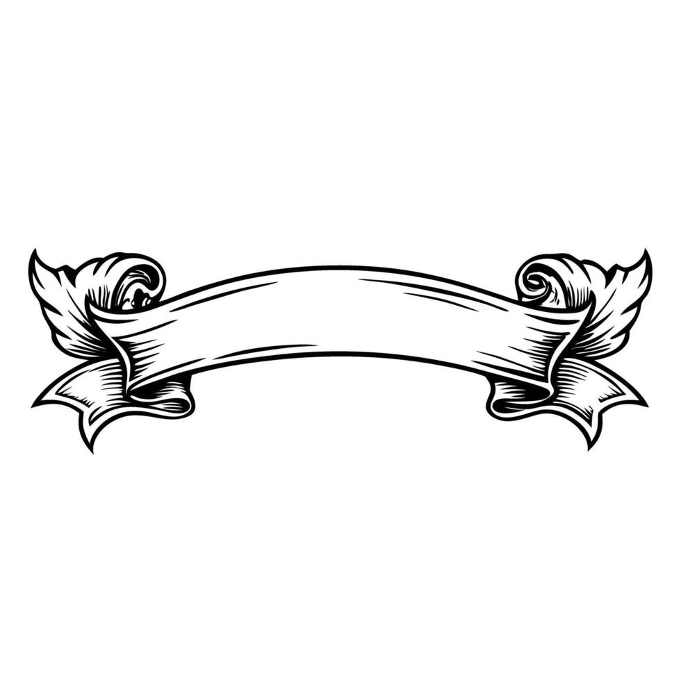 Vintage scroll banner illustration, decorative ribbon design, black and white graphic art vector