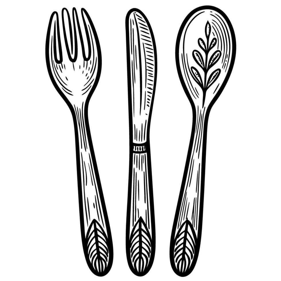 vintage cutlery illustration fork, knife, and spoon with leaf motif design in black and white vector