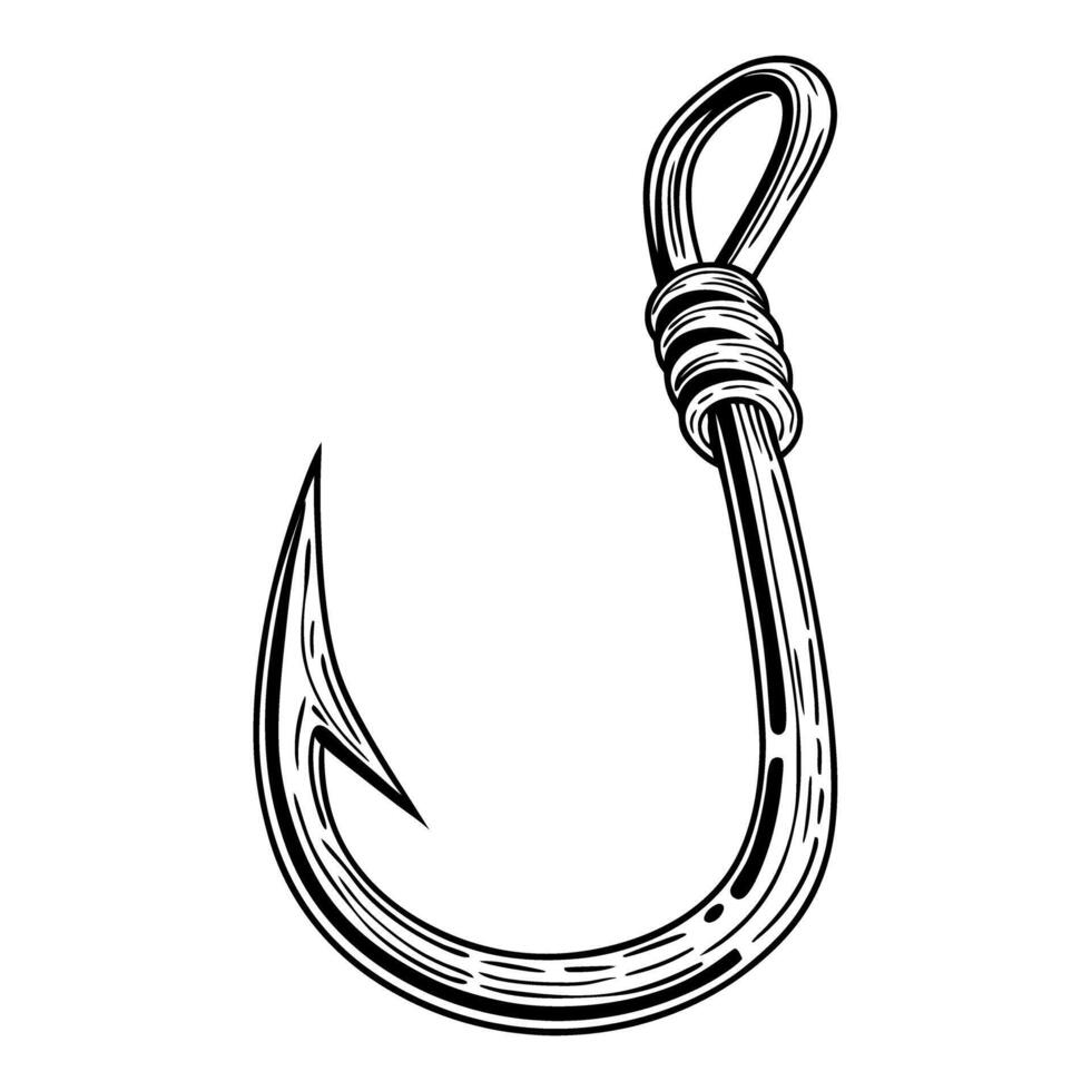 detailed illustration of a fishing hook with loop monochrome drawing, marine equipment, angling tool vector