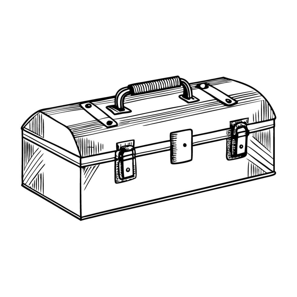 Vintage toolbox sketch hand drawn illustration, metal container, classic tool storage design vector