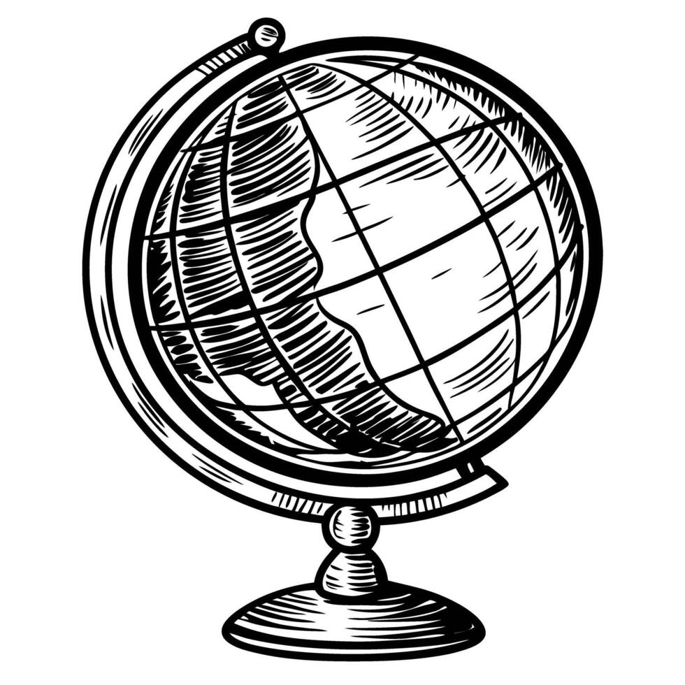 vintage globe illustration black and white world map, retro geography, classic earth design vector