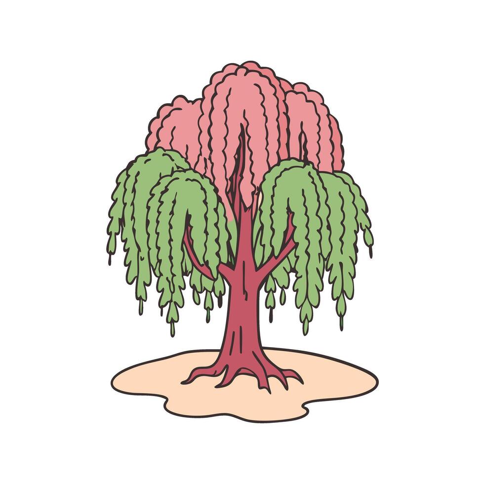 Colorful weeping willow tree illustration with pink and green cascading leaves vector