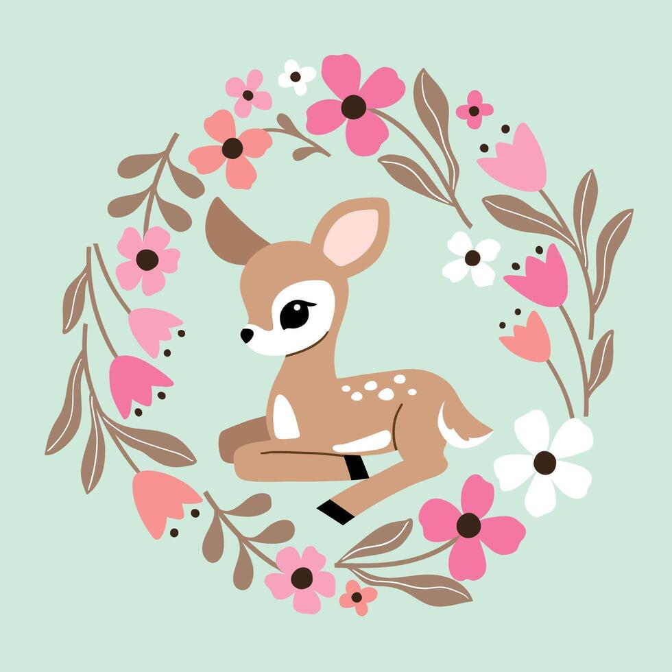 Cute fawn in floral wreath. Hand drawn deer illustration. Perfect for tee shirt logo, greeting card, poster, invitation or print design. vector