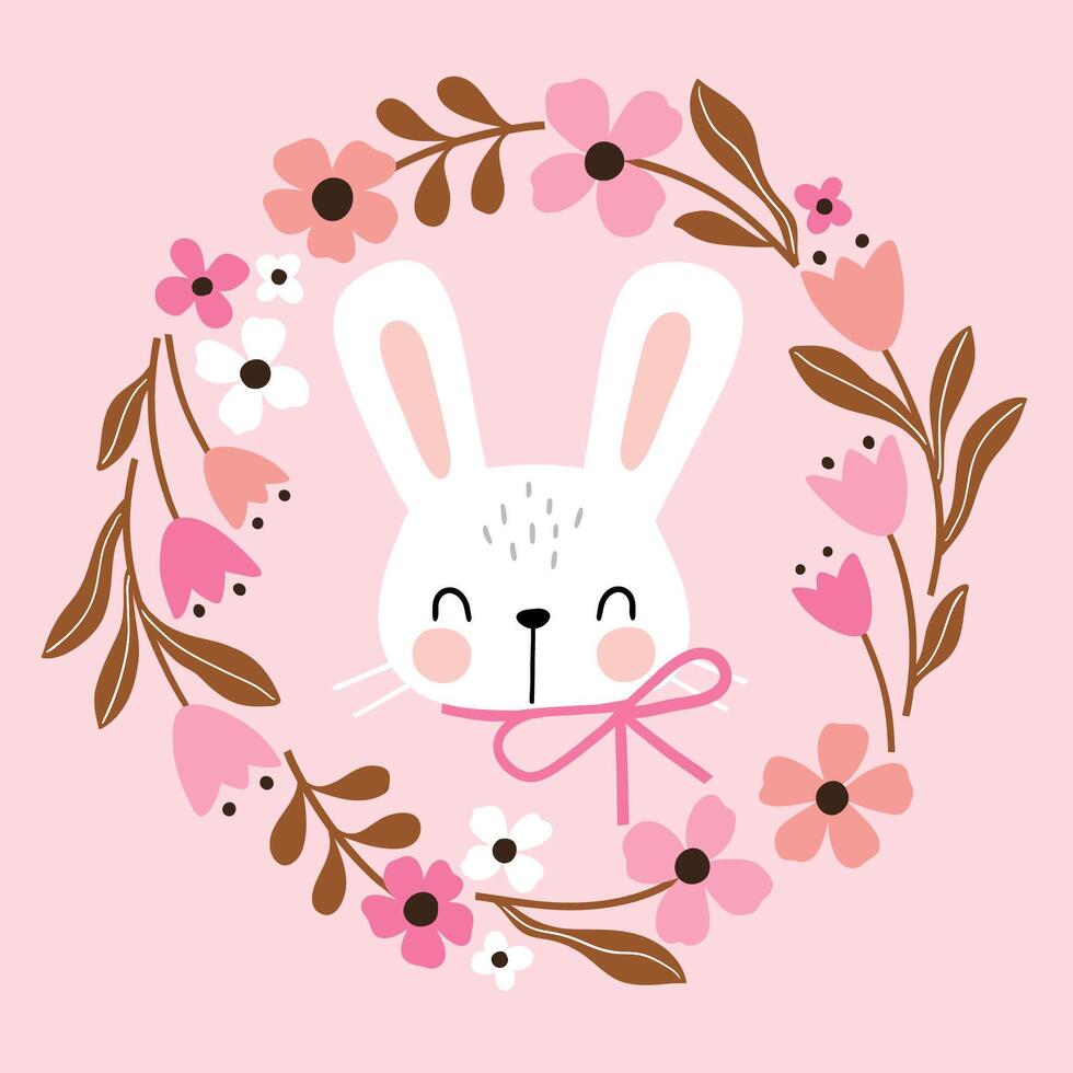 Cute white rabbit head in floral wreath. Hand drawn bunny illustration. Perfect for tee shirt logo, greeting card, poster, invitation or print design. vector