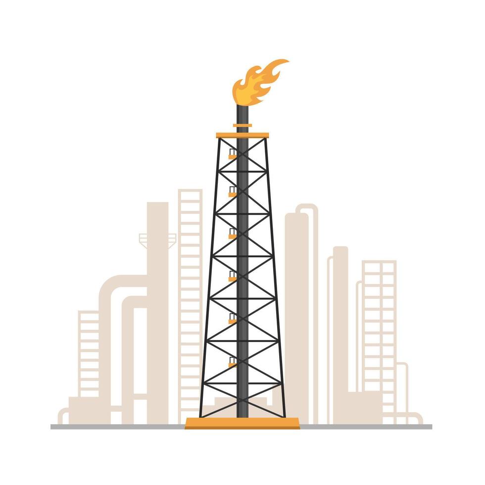 Gas flare tower illustration. Oil and gas refinery vector