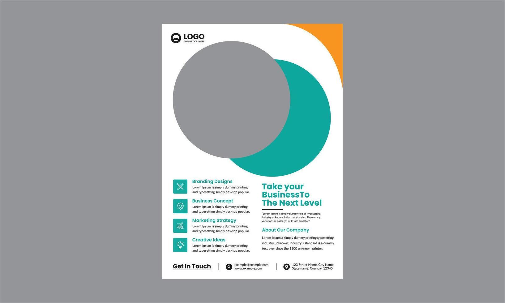 A clean, minimalist, and modern corporate flyer design. The teal and gray circles add a smooth, modern look, while orange vector