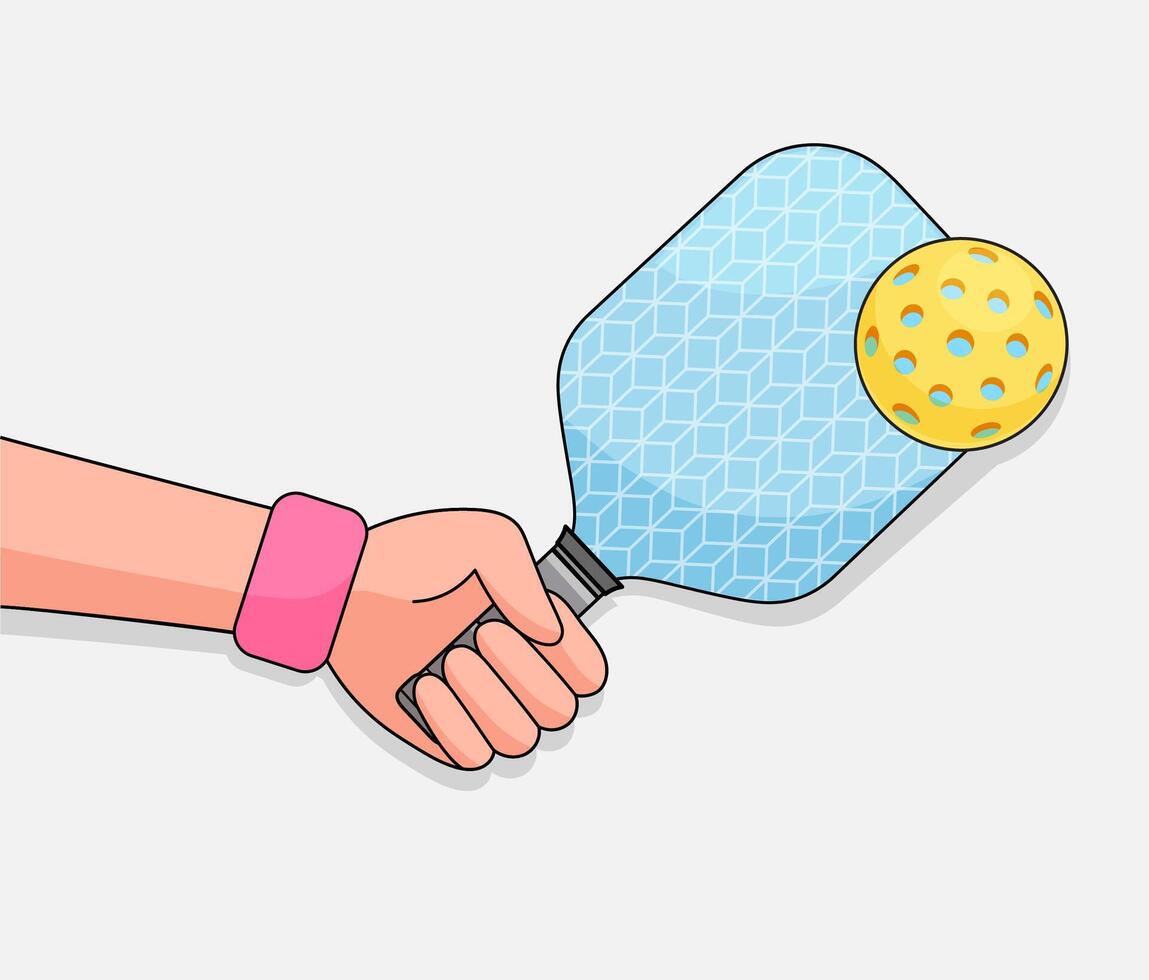 Cartoon illustration of a hand holding a blue pickleball paddle with a yellow perforated ball vector