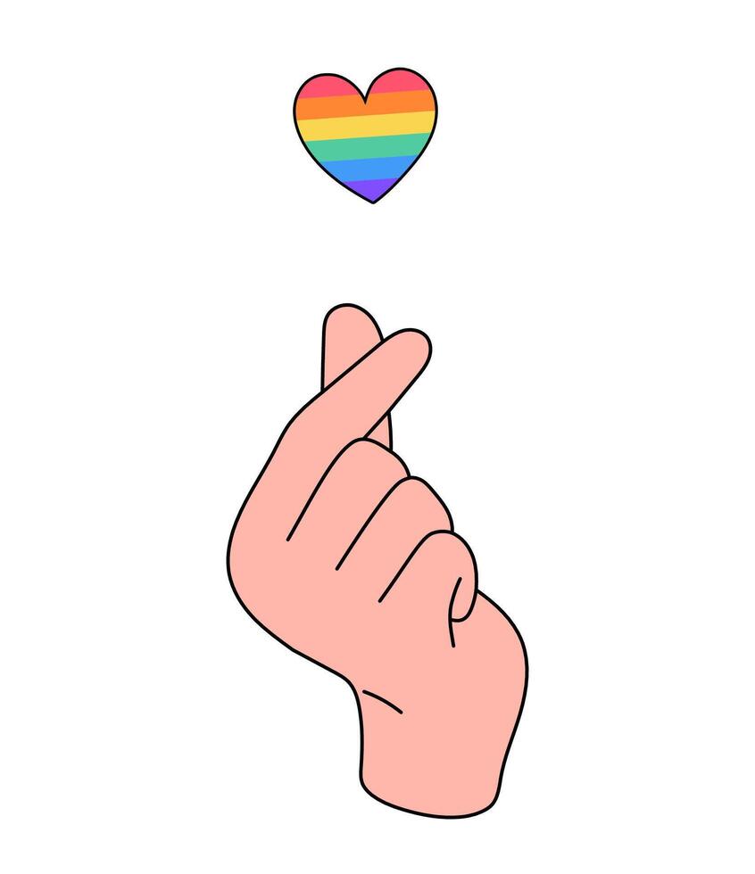 Cartoon illustration of a hand making a finger heart gesture with a rainbow-colored heart above, symbolizing love, LGBTQ pride vector