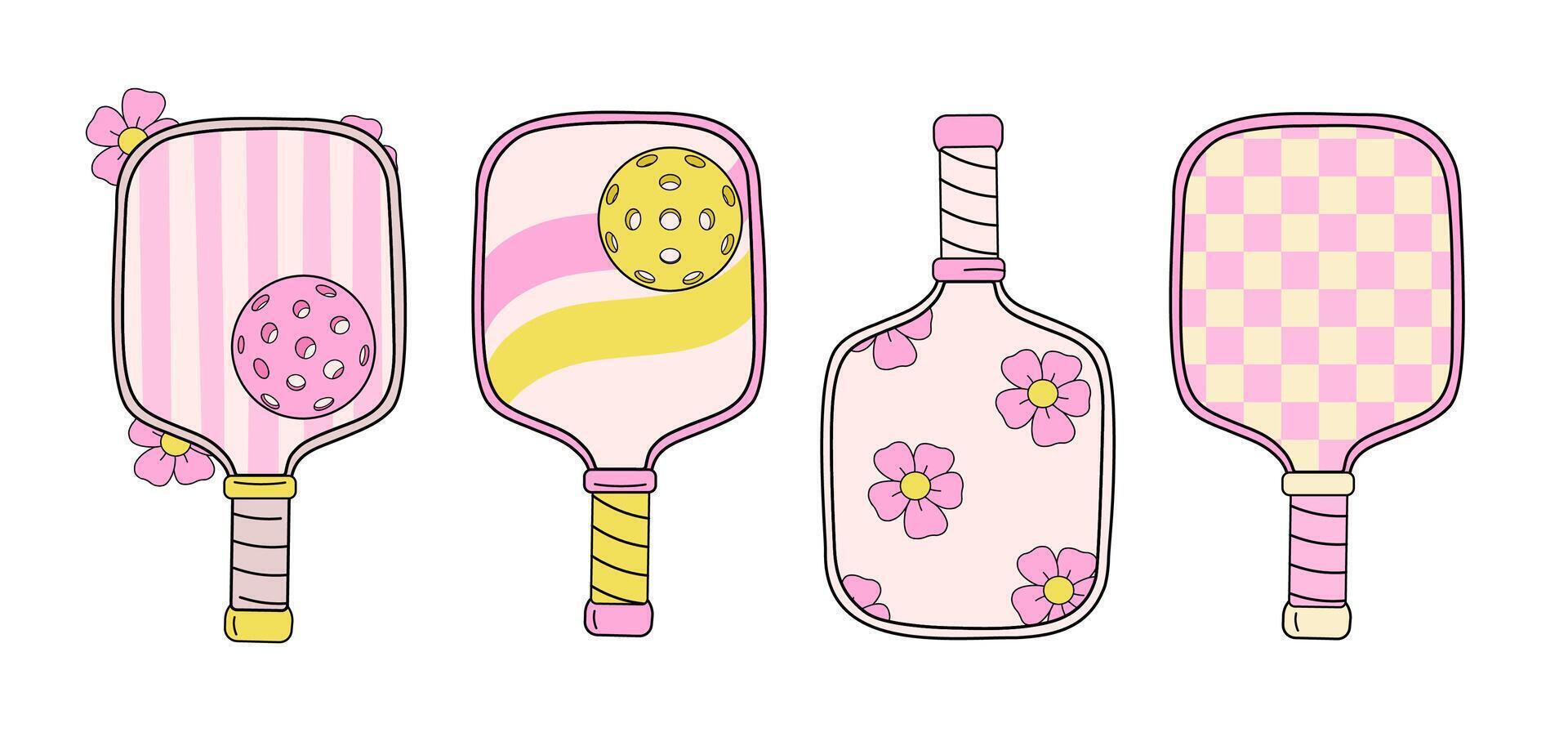 Set of four retro-style pickleball paddles with unique pastel designs, in pink and yellow tones on a white background vector