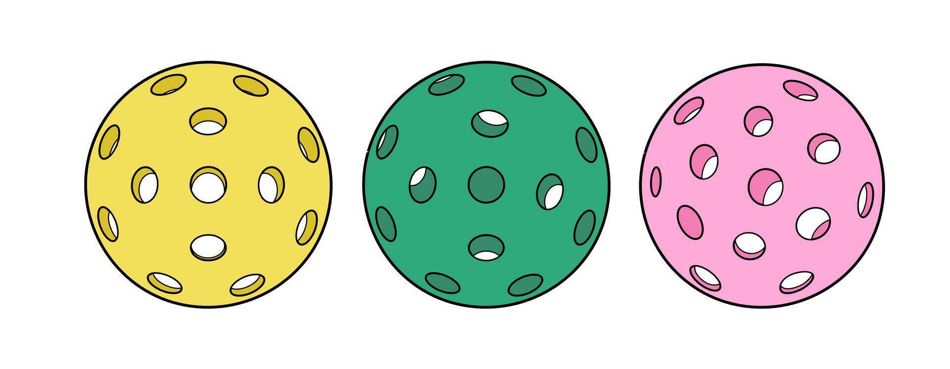 Set of three cartoon perforated pickleball balls with different color. illustration vector